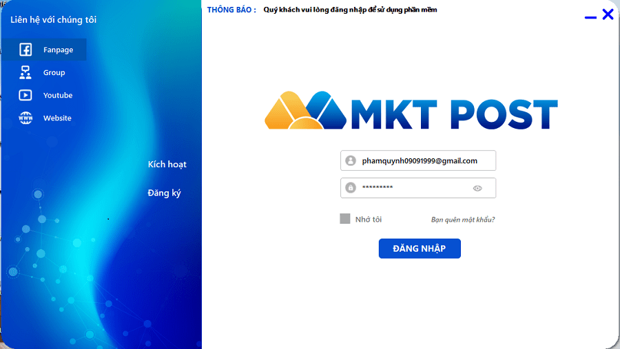 nhập tài khoản vào phần mềm MKT Post